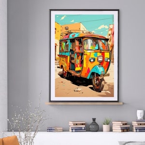 May include: A colorful, three-wheeled auto-rickshaw, also known as a tuk-tuk, is parked on a street in a city. The vehicle is painted in a variety of bright colors, including yellow, orange, red, blue, and green. The tuk-tuk has a large, open passenger compartment and a small, enclosed driver's compartment. The vehicle is surrounded by buildings and other vehicles.