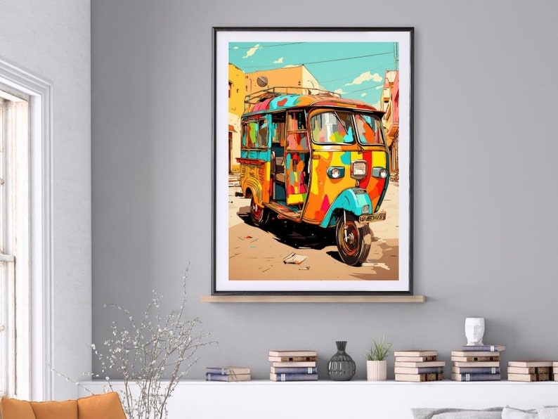 May include: A colorful, three-wheeled auto-rickshaw, also known as a tuk-tuk, is parked on a street in a city. The vehicle is painted in a variety of bright colors, including yellow, orange, red, blue, and green. The tuk-tuk has a large, open passenger compartment and a small, enclosed driver's compartment. The vehicle is surrounded by buildings and other vehicles.