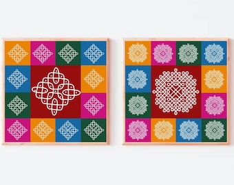 Kolam Wall Art Print | South Indian Kolam Decor | Traditional Rangoli Art | Tamil Nadu Folk Art | Minimal Indian Wall Decor |
