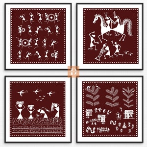warli painting, Warli Art, wall hanging, wall decor, warli art, Indian art ,Set of 4, Kolam Art Print, Minimal Art,