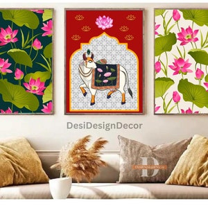 Pichwai Kuh, indische Volkskunst, Pichwai Lotus, indische Volkskunst, 3er Set, Pichwai Kuh, Pichwai Lotus, Südindische Kunst