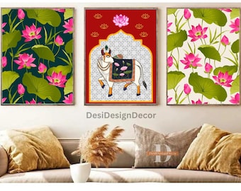 Pichwai Cow Lotus Print Set, Indian Folk Art (Digital Download)