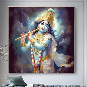 Krishna, Hindu God, with flute ,Indian Hindu,,Pooja room decor, indian wall art,,, Digital Prints ,Wall Art,Art Prints,