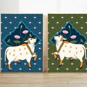 Indian Pichwai , Pichhwai cow print with lotus, Indian Vintage Painting, Indian Lotus Poster,desi print