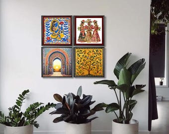 May include: A set of four framed prints featuring colorful Indian artwork. The prints depict a woman playing a musical instrument, three women in traditional clothing, a decorative archway, and a tree with birds. The prints are arranged in a square formation on a white wall.