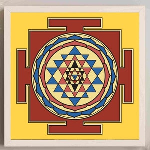 May include: A yellow square with a red square inside. The red square has a blue and red mandala with a geometric pattern inside. The mandala is surrounded by a blue and red border.