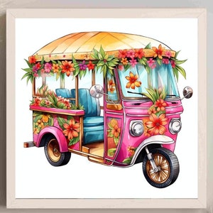 May include: Watercolor illustration of a pink tuk-tuk adorned with vibrant orange, pink, and red flowers. The vehicle has a yellow roof and blue seats. The front is decorated with flowers and the wheels are brown.