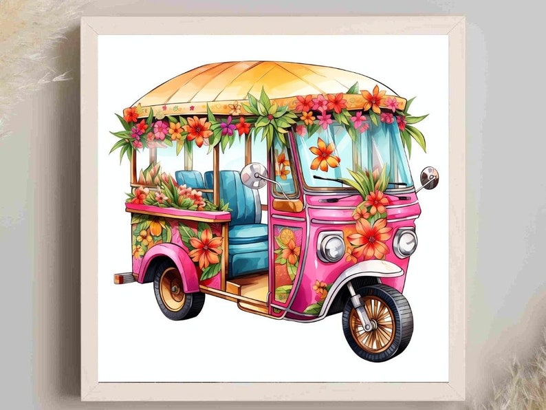 May include: Watercolor illustration of a pink tuk-tuk adorned with vibrant orange, pink, and red flowers. The vehicle has a yellow roof and blue seats. The front is decorated with flowers and the wheels are brown.