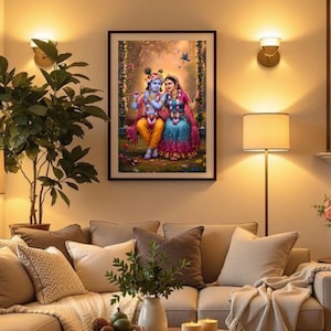 May include: A framed artwork showing a couple in traditional Indian dress on a swing. The artwork uses bright colours, with the figures in yellow, blue, and pink. The background depicts a lush garden setting, creating a vibrant and detailed scene.