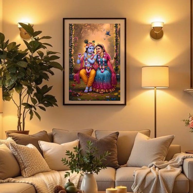 May include: A framed artwork showing a couple in traditional Indian dress on a swing. The artwork uses bright colours, with the figures in yellow, blue, and pink. The background depicts a lush garden setting, creating a vibrant and detailed scene.