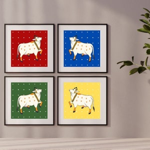 Holy cow,  Pichwai cow , indian home decor, house warming item, Indian art ,Set of 4, Kolam Art Print, Minimal Art,