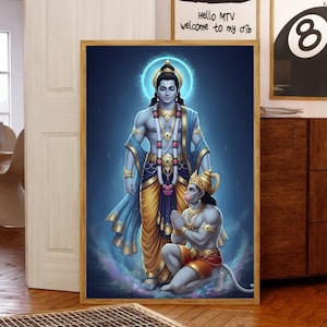 May include: A framed print depicting two figures in traditional Indian dress against a blue background. One figure stands, wearing jewellery and a halo, while the other kneels in prayer. The artwork uses a vibrant colour palette with gold, blue, and orange hues.