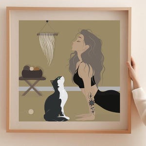 Yoga Cat and Woman Print, Cat Yoga Print, Black Cat Art, Yoga Room Decor, Yoga Lover,Serene Yoga Meditation Art Print, International Cat Day