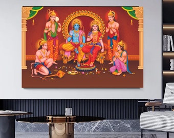 Pode incluir: Uma pintura colorida que retrata deidades hindus, incluindo Rama, Sita, Lakshmana e Hanuman. As deidades são retratadas em um estilo tradicional, com trajes e joias elaborados. A pintura está sobre um fundo vermelho com detalhes dourados.