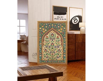 May include: A framed print of a colorful, intricate floral design with a central archway. The design features a variety of flowers, leaves, and geometric patterns in shades of blue, green, yellow, and red.