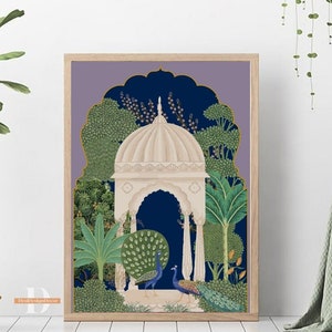 May include: A digital illustration of a white domed structure with a blue archway, surrounded by lush green foliage and two peacocks. The background is a gradient of purple and blue.