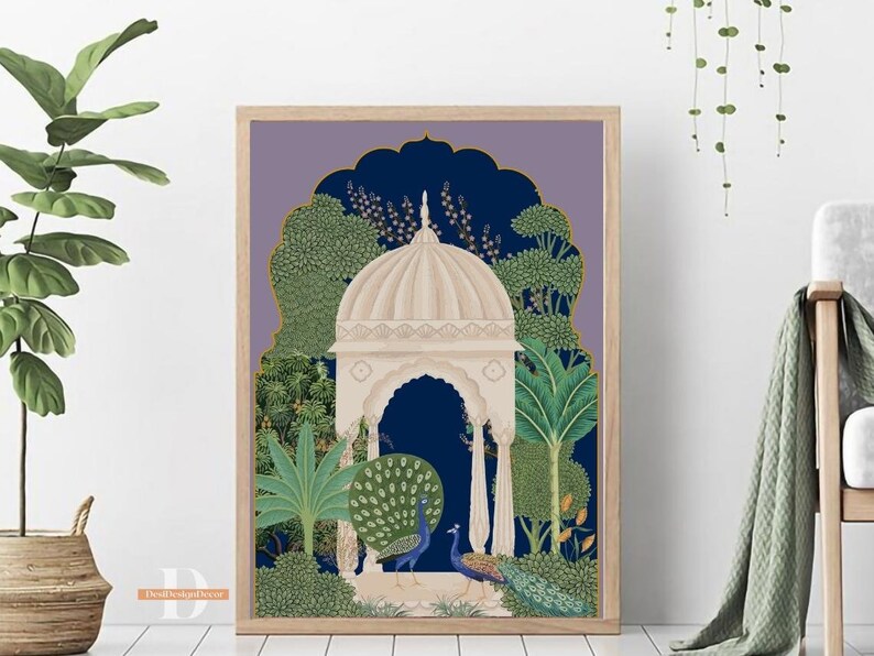 May include: A digital illustration of a white domed structure with a blue archway, surrounded by lush green foliage and two peacocks. The background is a gradient of purple and blue.