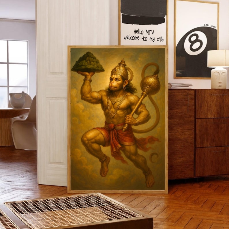 Hanuman-målning, Lord Hanuman-affisch, Pooja-rumsdekor, indisk väggkonst, hinduisk konst, meditationsaffisch, yogagåva, andlig konst, bild 3