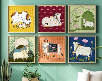 Conjunto de 6 vacas Pichwai, decoração indiana para casa, item para inauguração de casa, arte indiana, impressão de arte Kolam, arte minimalista.