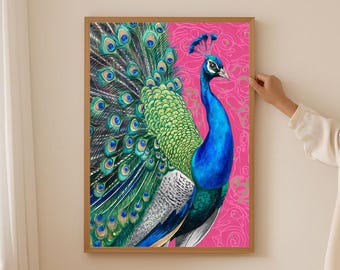 Vibrant Peacock Painting, Tropical Floral Wall Art, Vastu Decor (Digital Download)