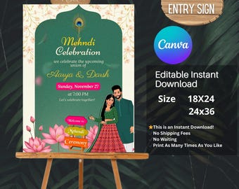 Mehndi Wedding Welcome Sign, Indian Wedding Sign, Henna Ceremony Welcome Poster, Punjabi Hindu Wedding Decor, Editable Template