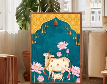 Indian Pichwai , Indian art Pichhwai cow print with lotus, Ethnic art,indian home decor, Indian Lotus Poster,desi print,indian Print