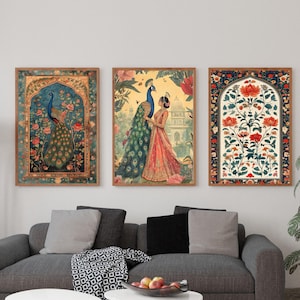 Set of 3, Indian Mughal, traditional Indian , Indian woman painting Indian Floral Art, Vintage Floral Art, Indian Folk Art, Mughal Wall Art,