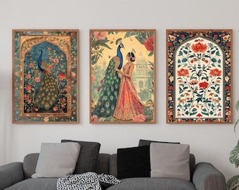 Home Decor Art,Set of 3, Indian Mughal, traditional Indian , Indian woman painting Indian Floral Art, Vintage Floral Art, Indian Folk Art,