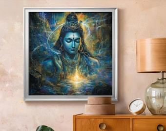 May include: A framed painting of a blue-skinned Hindu deity with a third eye, surrounded by a swirling galaxy of stars and clouds. The deity is wearing a necklace and has a golden halo.