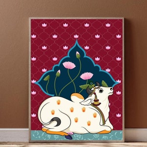Indian Pichwai , Pichhwai cow print with lotus, Indian Vintage Painting, Indian Lotus Poster,desi print