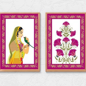 Indian folk Art, Set of 2 Printable,Mughal art ,pichwai painting , India wall art decor, Vibrant Print ,Outdoor Wall  Decor, vintage art