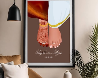 Könnte beinhalten: Gerahmter Kunstdruck mit zwei Füßen, einer mit aufwendigen Henna-Designs und einem goldenen Fußkettchen, der andere mit einem silbernen Zehenring. Der Druck enthält die Namen "Anjali & Arjun" und das Datum "12.12.2026".