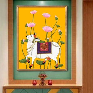 Peinture ndian Pichwai, art mural indien, impression d&#39;art Pichwai, décoration murale indienne, peinture de lotus, peintures Kamal talai pichwai, art folklorique indien