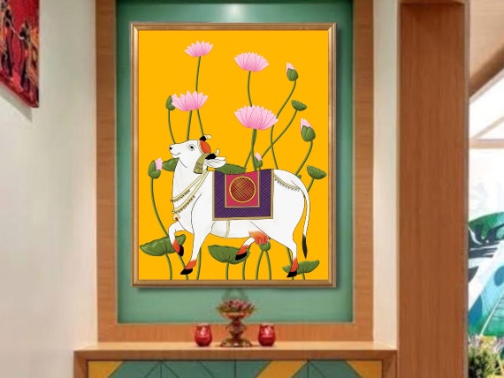 Indian Pichwai Cow Painting, Lotus Folk Art Print (Digital Download)