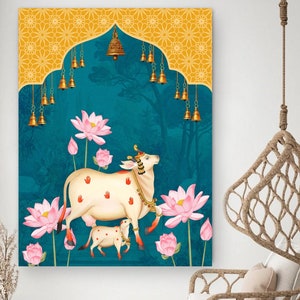 Indianer Pichwai, indische Kunst Pichhwai Kuh Druck mit Lotus, Ethnische Kunst,indische Wohnkultur, indische Lotus Dekoration