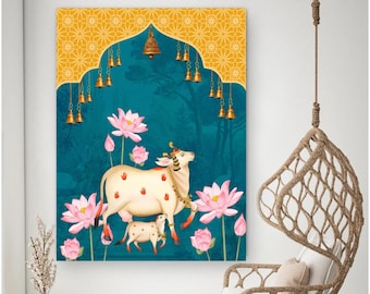 Indian Pichwai , Indian art Pichhwai cow print with lotus, Ethnic art,indian home decor, Indian Lotus Poster,desi print,indian Print