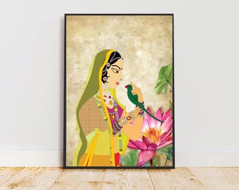 Arte popular indio, arte de damas reales indias, pintura mogol india, arte mural indio, arte imprimible de reinas indias, póster de princesas indias,