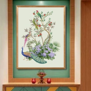 Peacock Mughal Indian Art, Floral Nature Prints, Living Room decor, Indian Vintage Palace Royal Painting, Poster, Wall Art