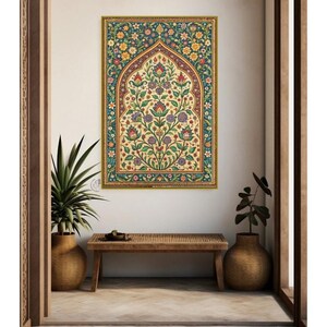 May include: A framed print of a colorful floral design with an archway in the center. The design is in shades of green, blue, yellow, red, and pink. The frame is gold.