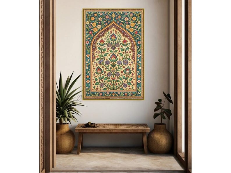 May include: A framed print of a colorful floral design with an archway in the center. The design is in shades of green, blue, yellow, red, and pink. The frame is gold.