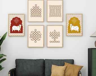Kolam Art,Set of 6,Pichwai cow, Pulli Kolam Digital, Minimal Art, Puja Pooja Decoration, South Indian Art, Rangoli Pattern, Indian Art Print