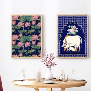 Pichwai indien, impression de vache Pichhwai avec lotus, peinture indienne vintage, affiche de lotus indien, impression desi