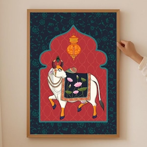 Indian Art Pichwai Painting, Pichwai Cow Painting, India Wall art print, Wall decor, Holy cow art poster, Indian painting, Indian folk art