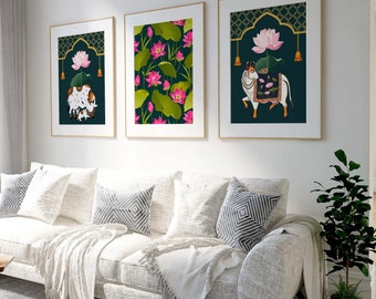 Pode incluir: Três impressões emolduradas com fundo verde e desenhos florais. A impressão central apresenta um touro branco com uma flor rosa na cabeça. As impressões da esquerda e da direita apresentam flores rosas e folhas verdes.
