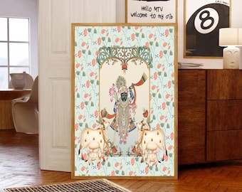 Indisches Pichwai-Kuhmotiv mit Lotusblume, indische Kunst, ethnische Kunst, indische Wohndekoration, indisches Lotus-Poster, Desi-Druck, indischer Druck