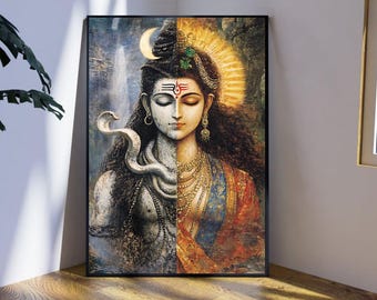 May include: A framed artwork showing a split portrait of a deity. One side is a grayscale image of a serene figure with a snake, the other side is a colourful image with gold jewellery and a halo. The artwork is displayed on a wooden surface.
