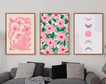 Rosa Wandkunst | Set Aus 3 Drucken | Preppy Raum Dekor | Druckbare Kunst Pink | Poster Pink | Pink Galerie Kunst Wand | Leuchtend Pinke Bemalung