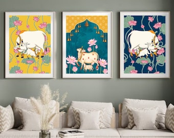 Indian Pichwai ,set of 3 , Indian art Pichhwai ,indian home decor, Indian Lotus Poster, Digital Prints ,Wall Art,Art Prints,
