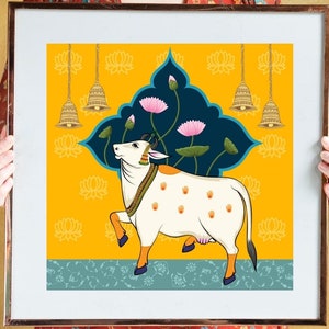 Indian Pichwai , Indian art Pichhwai cow print with lotus, kamal talai, Ethnic art