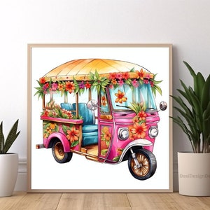 May include: A watercolor illustration of a pink tuk-tuk decorated with orange and red flowers and green leaves. The vehicle has a yellow roof and blue seats. The artwork is framed in a light brown wooden frame.